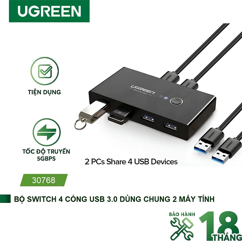 Bộ switch chia cổng USB 3.0 2 vào 4 ra màu đen Ugreen (30768) — ảnh 2