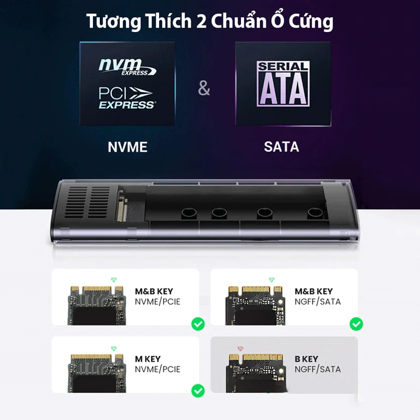 Box ổ cứng SSD M.2 hỗ trợ NVME+SATA USB Type-C 3.2 GEN2 tốc độ 10Gbps Ugreen 90264 cao cấp (Max 2TB)