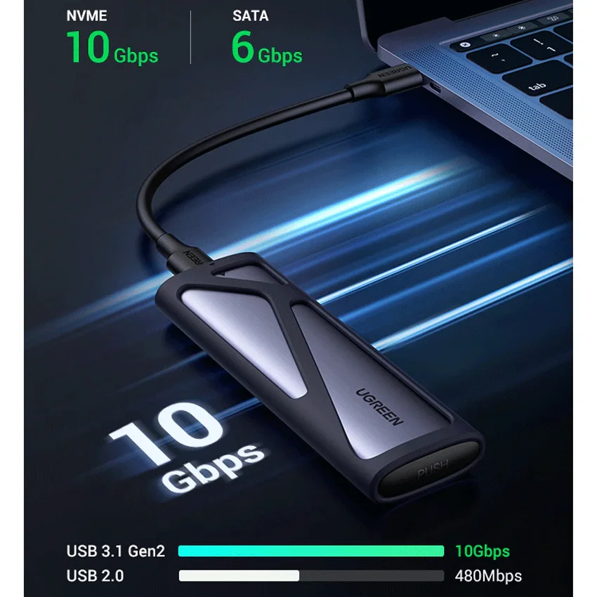 Box ổ cứng SSD M.2 hỗ trợ NVME+SATA USB Type-C 3.2 GEN2 tốc độ 10Gbps Ugreen 90264 cao cấp (Max 2TB)