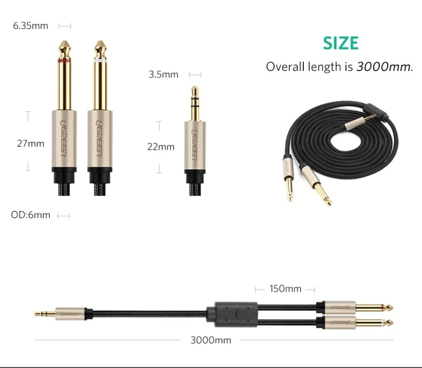 Cáp dữ liệu AV 3.5mm ra 2 dầu 6.35mm truyền âm thanh dài 3M Ugreen 10618 — ảnh 8