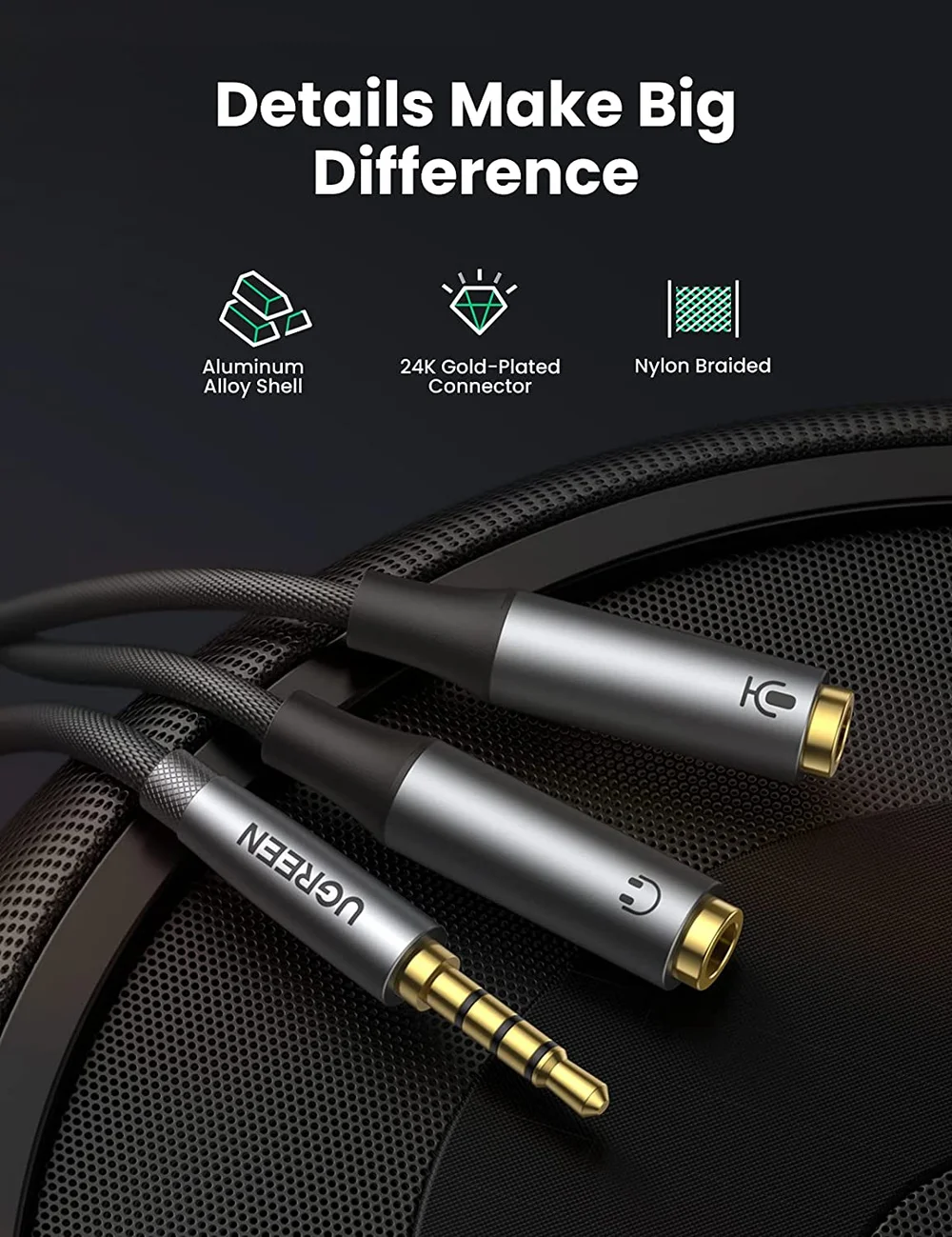 Cáp dữ liệu AV 3.5mm sang 2 đầu cái 3.5mm mic+tai nghe, màu ghi dài 25cm Ugreen (50254) — ảnh 2