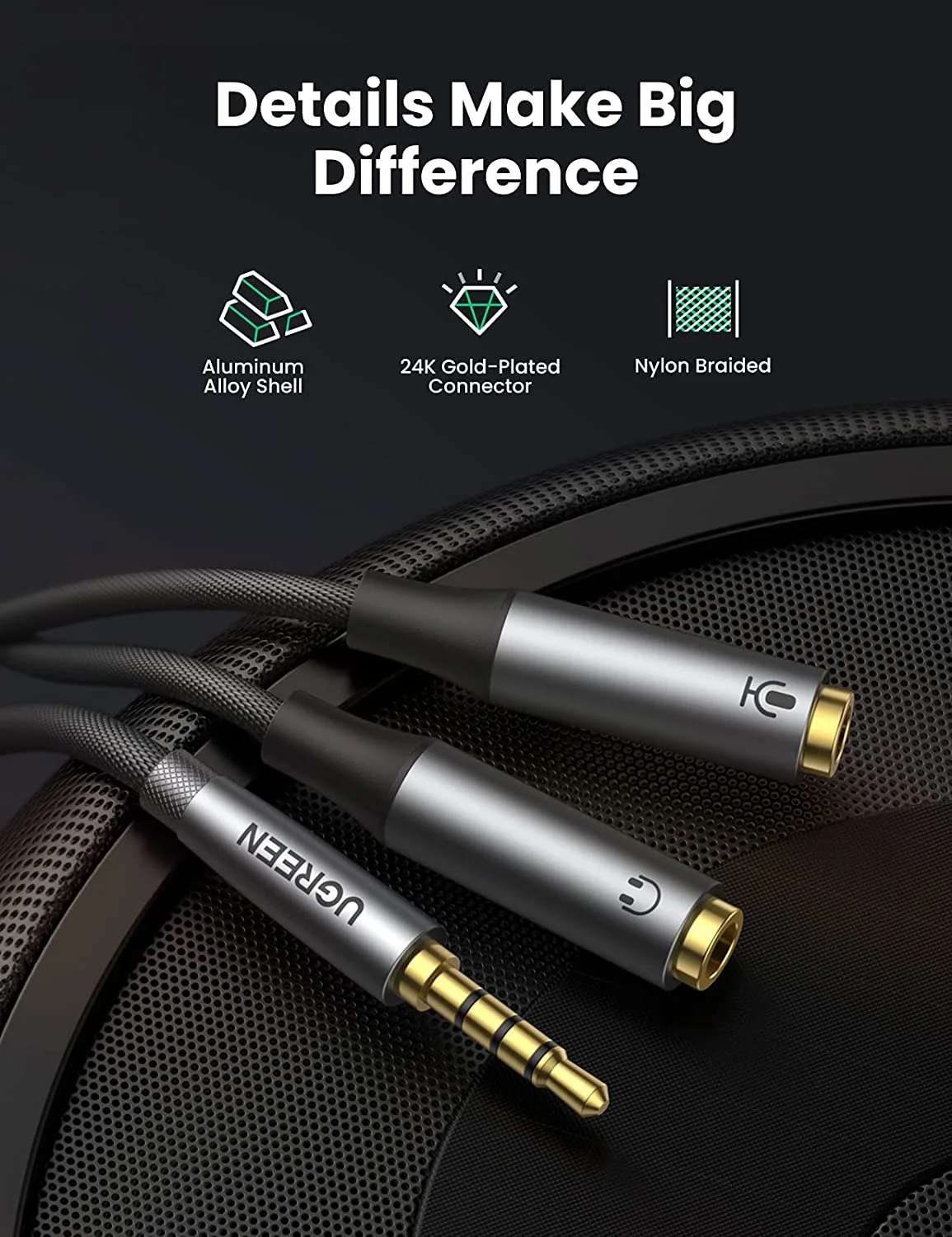 Cáp dữ liệu AV 3.5mm sang 2 đầu cái 3.5mm mic+tai nghe, màu ghi dài 25cm Ugreen (50254)