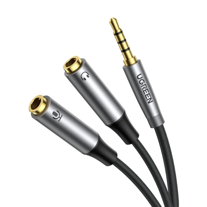 Cáp dữ liệu AV 3.5mm sang 2 đầu cái 3.5mm mic+tai nghe, màu ghi dài 25cm Ugreen (50254)