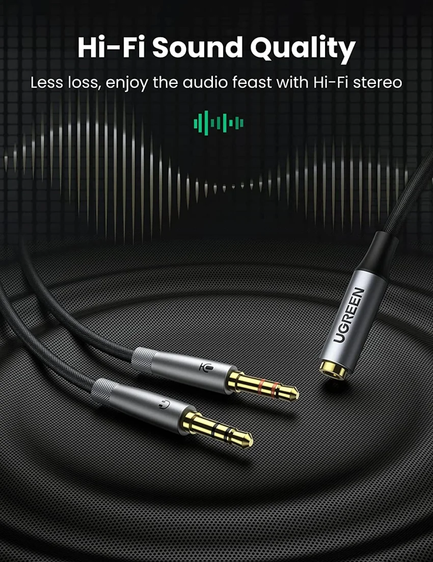 Cáp dữ liệu AV 3.5mm sang 2 đầu đức 3.5mm mic+tai nghe màu ghi dài 25cm Ugreen (50255)
