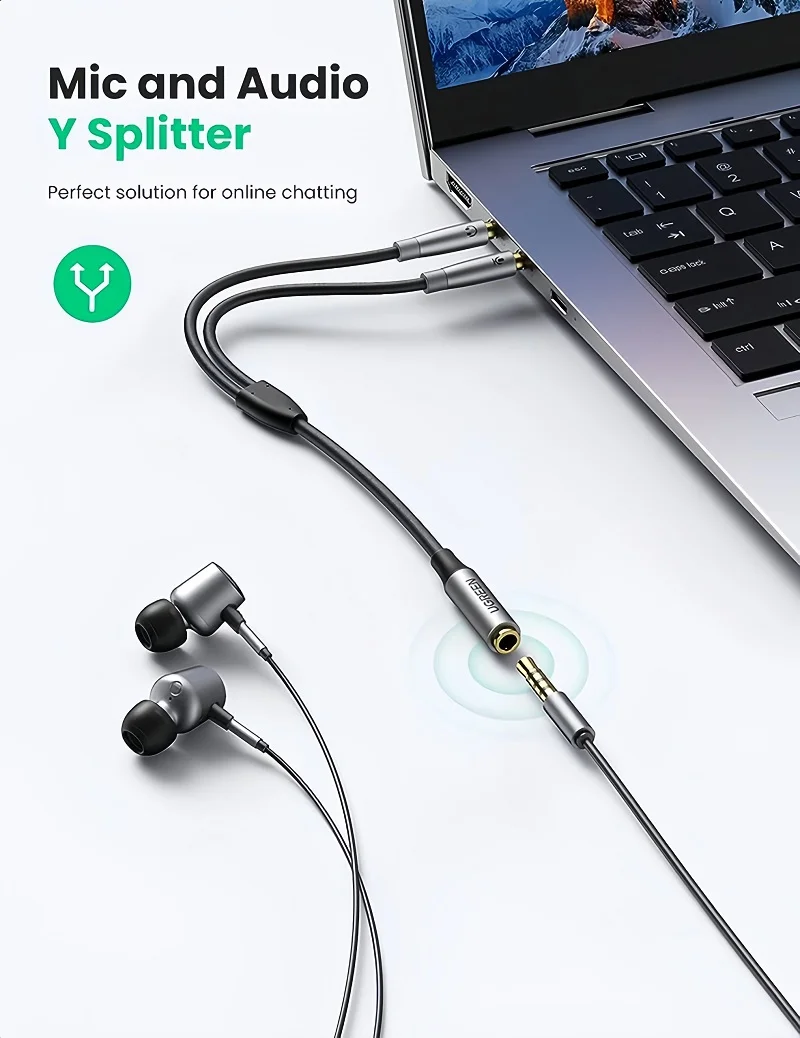 Cáp dữ liệu AV 3.5mm sang 2 đầu đức 3.5mm mic+tai nghe màu ghi dài 25cm Ugreen (50255)