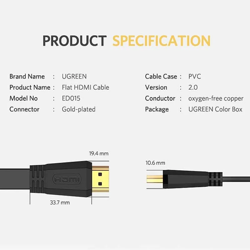 Dây HDMI 2.0 đồng 100%, 19+1 dẹt màu đen dài 3M Ugreen (50820)