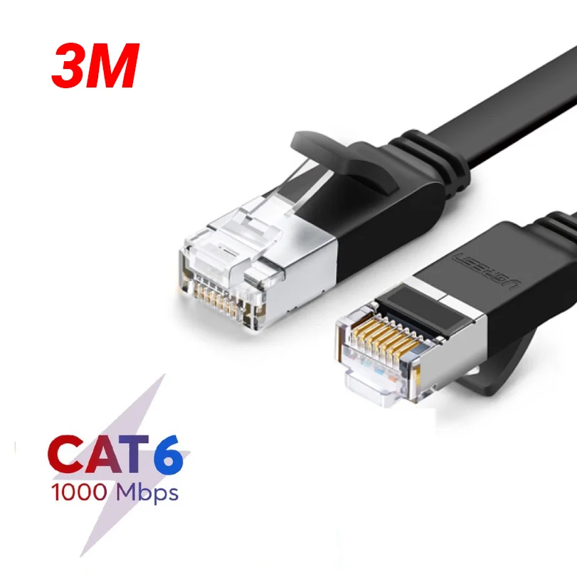 Cáp dữ liệu dạng dẹt nối mạng CAT6 truyền dữ liệu giữa các máy tính,màu đen, dài 3M Ugreen (50186)