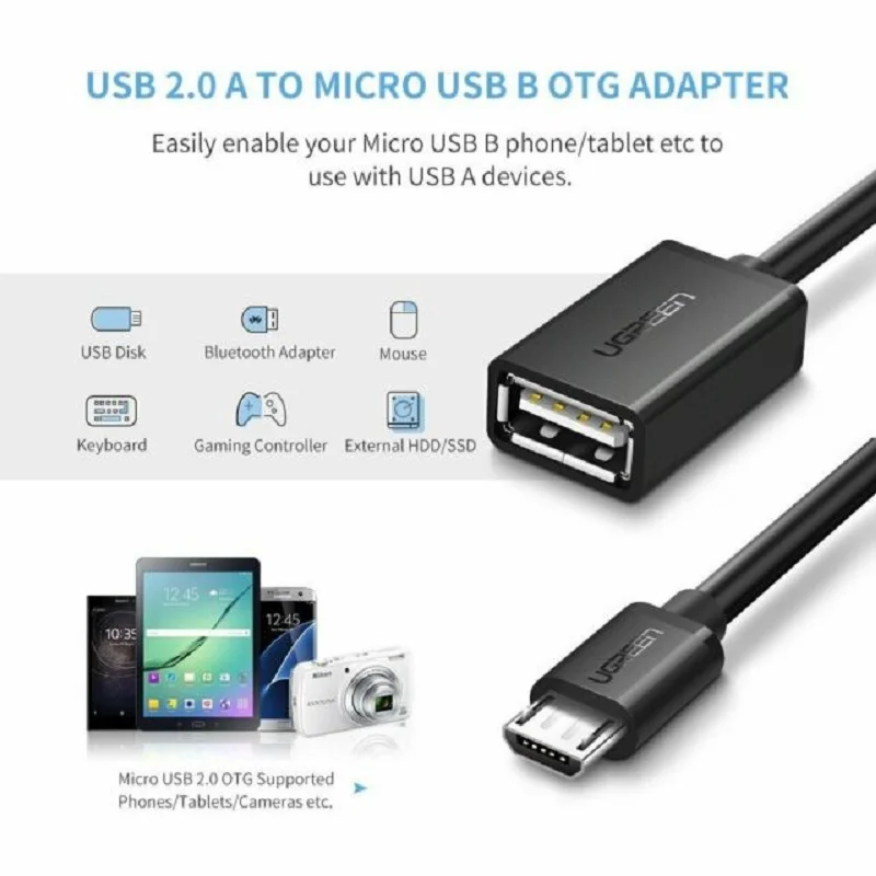 Cáp dữ liệu USB 2.0 OTG truyền dữ liệu giữa điện thoại và ổ cứng USB dài 15cm Ugreen (10383)