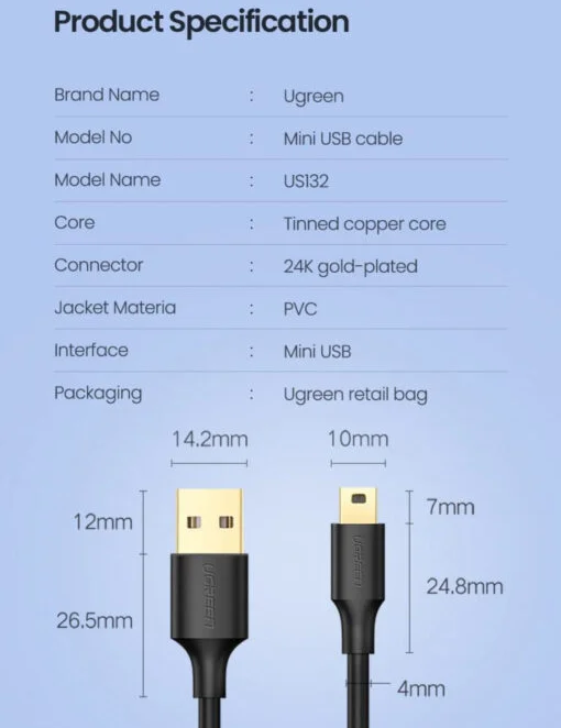 Cáp dữ liệu USB 2.0 sang Mini USB dài 2m Ugreen (30472)