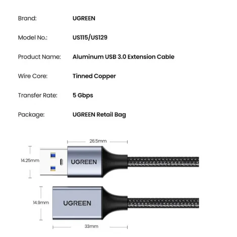 Cáp dữ liệu USB 3.0 nối dài truyền dữ liệu giữa máy tính và ổ cứng USB dài 2m Ugreen (10497)