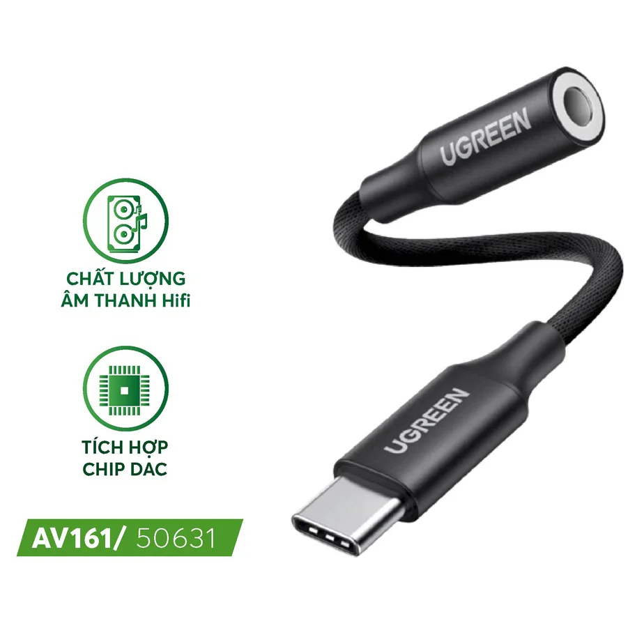 Cáp dữ liệu USB-c ra 3.5mm có chip truyền âm thanh từ điện thoại ra máy loa dài 10m Ugreen (50631)