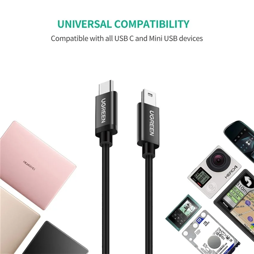 Cáp dữ liệu USB Type-C sang Mini USB ,truyền dữ liệu từ máy tính ra điện thoại màu đen dài 1m Ugreen (50445)