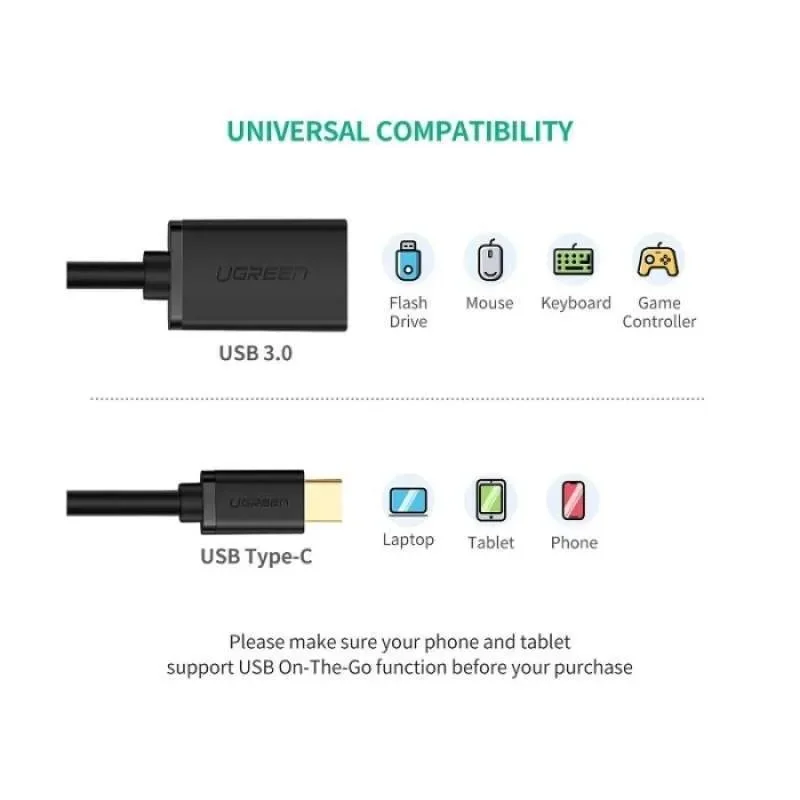Cáp dữ liệu USB Type-C sang USB 3.0 truyền dữ liệu giữa máy tính và điện thoại dài 10cm, màu đen Ugreen (30701) — ảnh 6