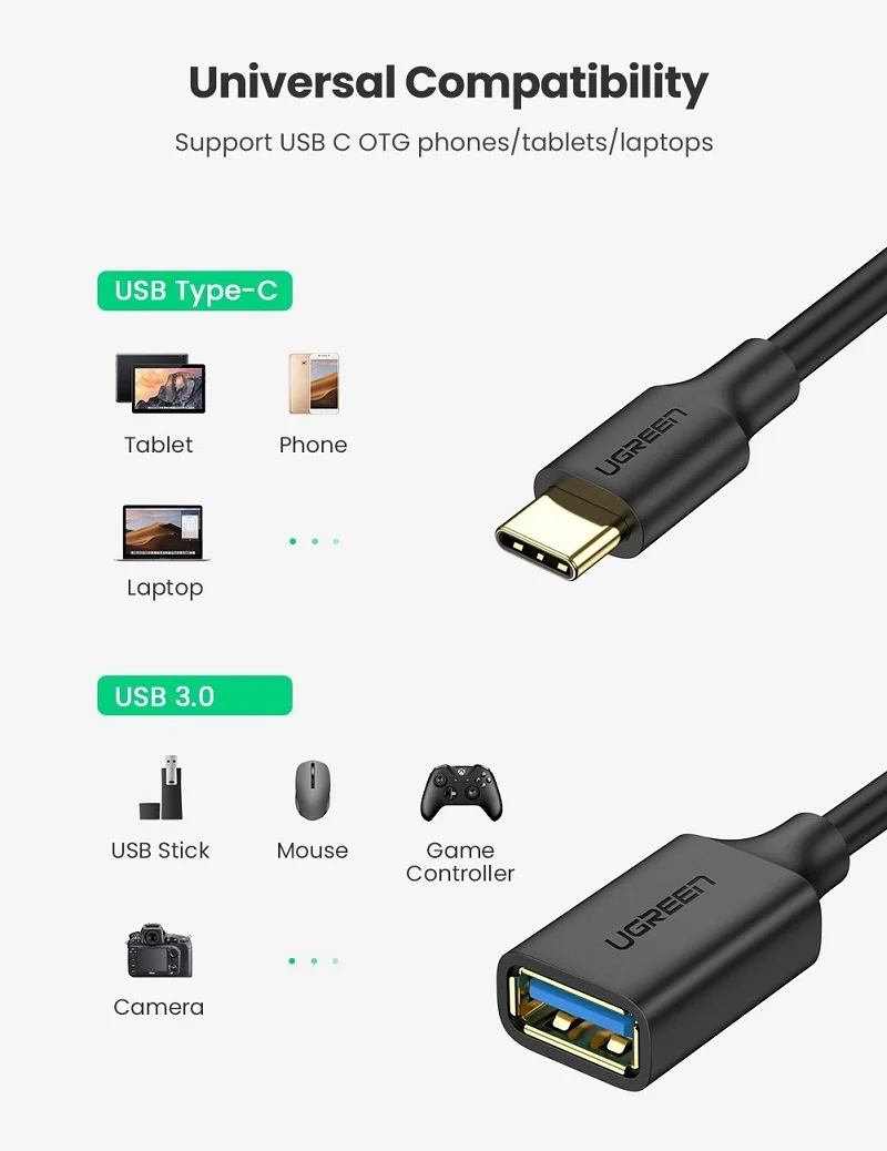 Cáp dữ liệu USB Type-C sang USB 3.0 truyền dữ liệu giữa máy tính và điện thoại dài 10cm, màu đen Ugreen (30701)