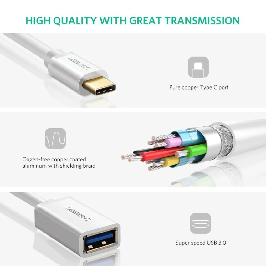 Cáp dữ liệu USB Type-C sang USB 3.0 Ugreen truyền dữ liệu giữa máy tính và điện thoại dài 10cm, màu trắng Ugreen (30702)
