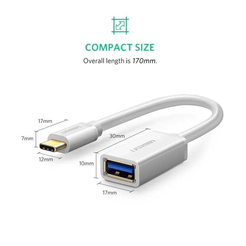 Cáp dữ liệu USB Type-C sang USB 3.0 Ugreen truyền dữ liệu giữa máy tính và điện thoại dài 10cm, màu trắng Ugreen (30702) — ảnh 3