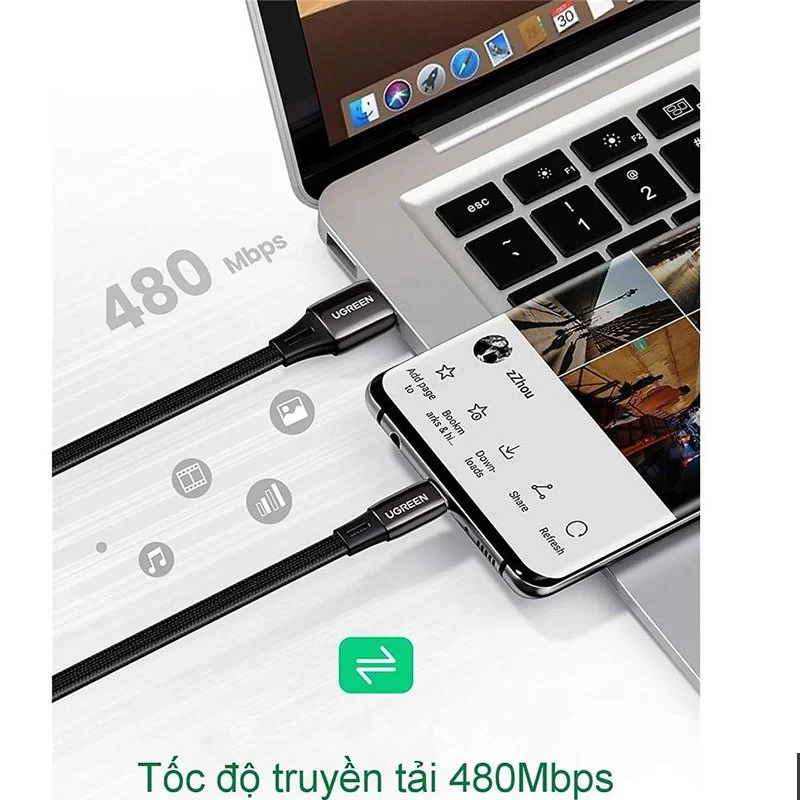 Cáp dữ liệu USB Type-c, truyền dữ liệu từ máy tính ra điện thoại dài 1m Ugreen (10967) — ảnh 3