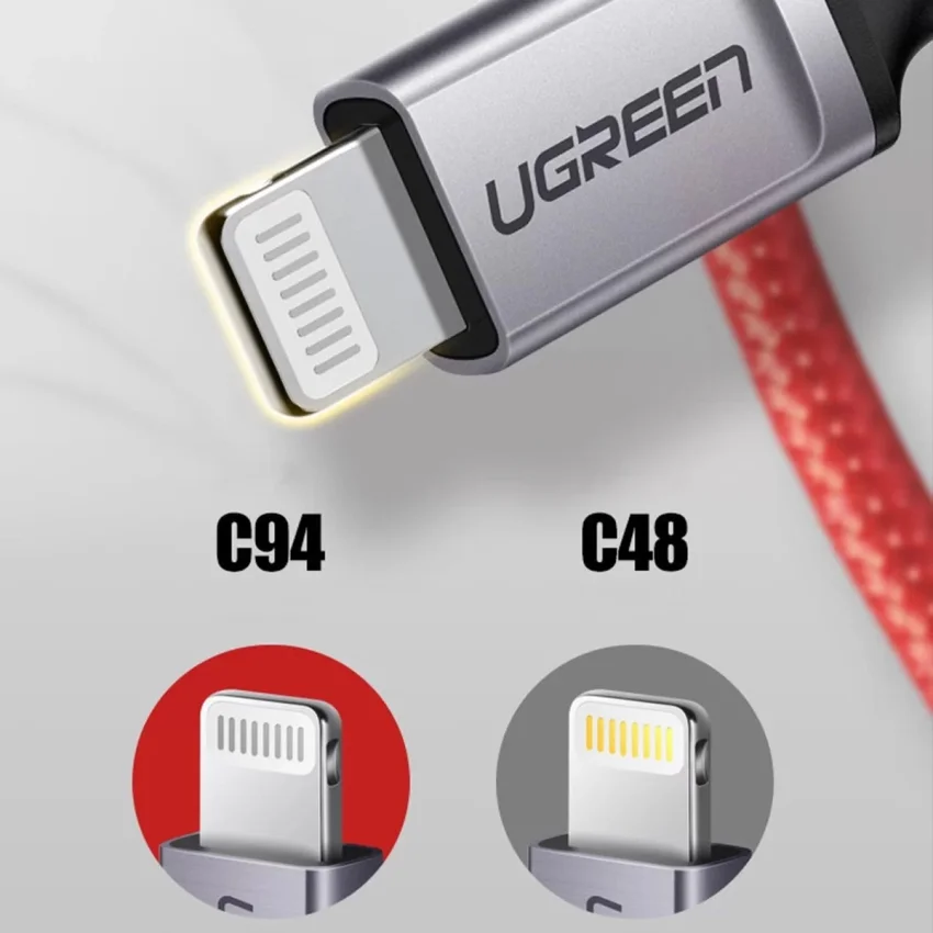 Cáp Sạc Lightning Type C Ugreen US298 20309 – Sạc Nhanh, Truyền Dữ Liệu, Màu Đỏ, 1M