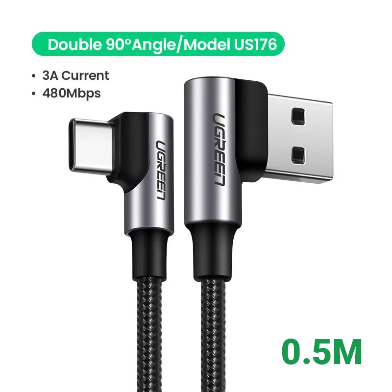 Cáp sạc nhanh type C UGREEN US176 20855 2 đầu bẻ góc 90 độ, truyền dữ liệu dài 0.5m
