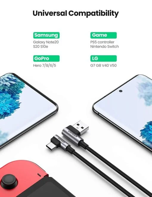 Cáp sạc nhanh type C UGREEN US176 20856 2 đầu bẻ góc 90 độ, truyền dữ liệu dài 1m — ảnh 3