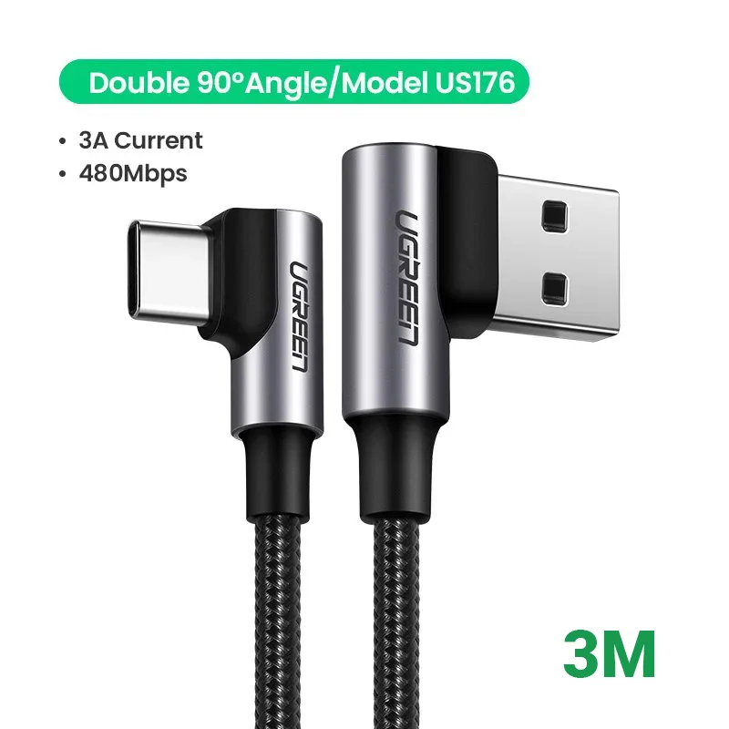 Cáp sạc nhanh type C UGREEN US176 70875 2 đầu bẻ góc 90 độ, truyền dữ liệu dài 3m