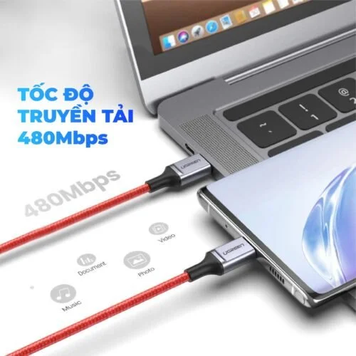 Cáp sạc nhanh Type C UGREEN US296 60186 – Truyền dữ liệu tốc độ cao – Sạc nhanh PD60W,dòng tối đa 3A – Dây bện nylon chống rối