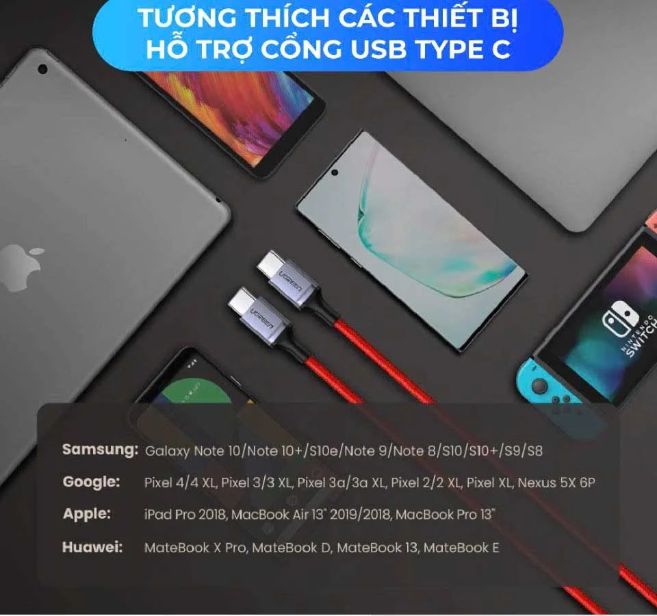 Cáp sạc nhanh Type C UGREEN US296 60186 – Truyền dữ liệu tốc độ cao – Sạc nhanh PD60W,dòng tối đa 3A – Dây bện nylon chống rối