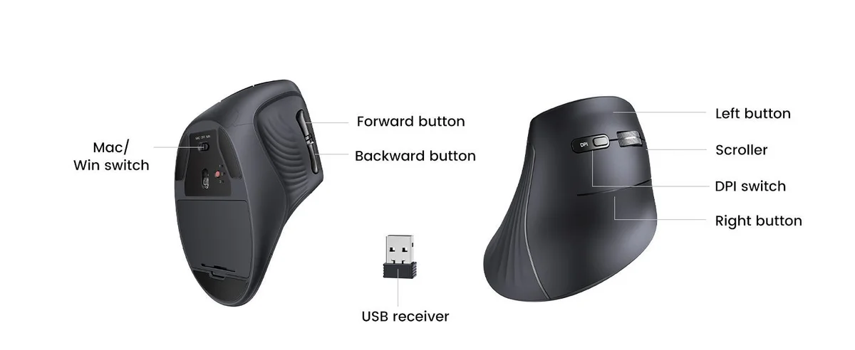 Chuột dọc không dây công thái học Bluetooth 5.0 2.4Ghz có 5 nút 4000DPI Ugreen MU008 25444 cao cấp