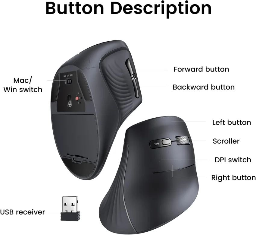 Chuột dọc không dây công thái học Bluetooth 5.0 2.4Ghz có 5 nút 4000DPI Ugreen MU008 25444 cao cấp — ảnh 5