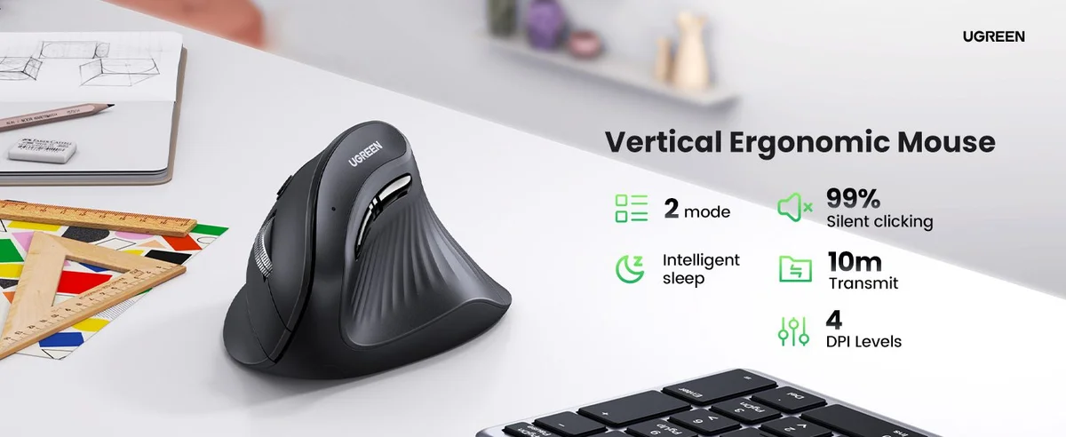 Chuột dọc không dây công thái học Bluetooth 5.0 2.4Ghz có 5 nút 4000DPI Ugreen MU008 25444 cao cấp