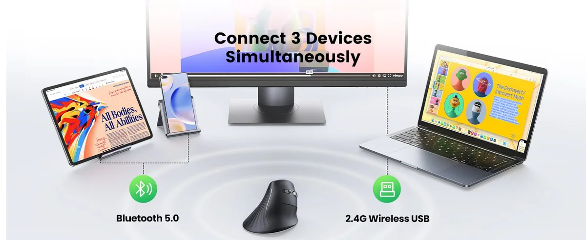 Chuột dọc không dây công thái học Bluetooth 5.0 2.4Ghz có 5 nút 4000DPI Ugreen MU008 25444 cao cấp