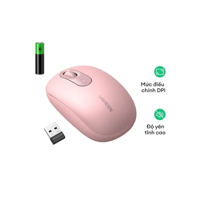 Chuột không dây 2.4G SILENT Màu Hồng 2400DPI + kèm pin AA (MU105) Ugreen 90686