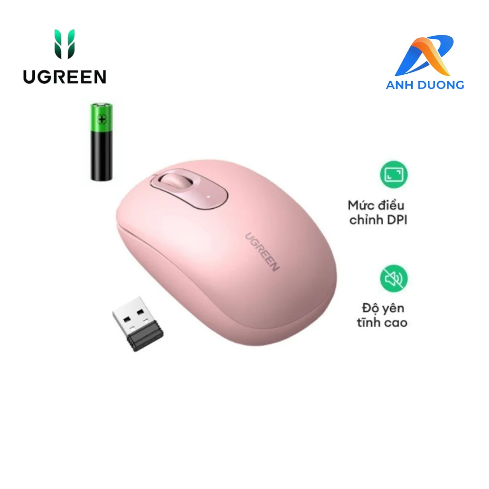 Chuột không dây 2.4G SILENT Màu Hồng 2400DPI + kèm pin AA (MU105) Ugreen 90686