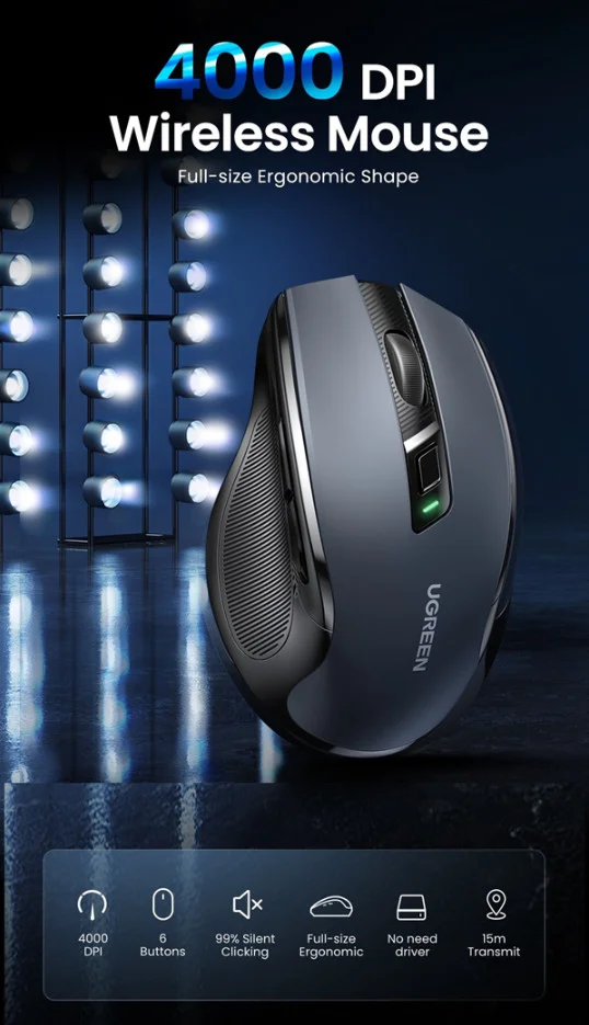 Chuột không dây Ultra Silent 2.4Ghz, chuột công thái học 5 cấp độ 4000DPI Ugreen 15063 cao cấp