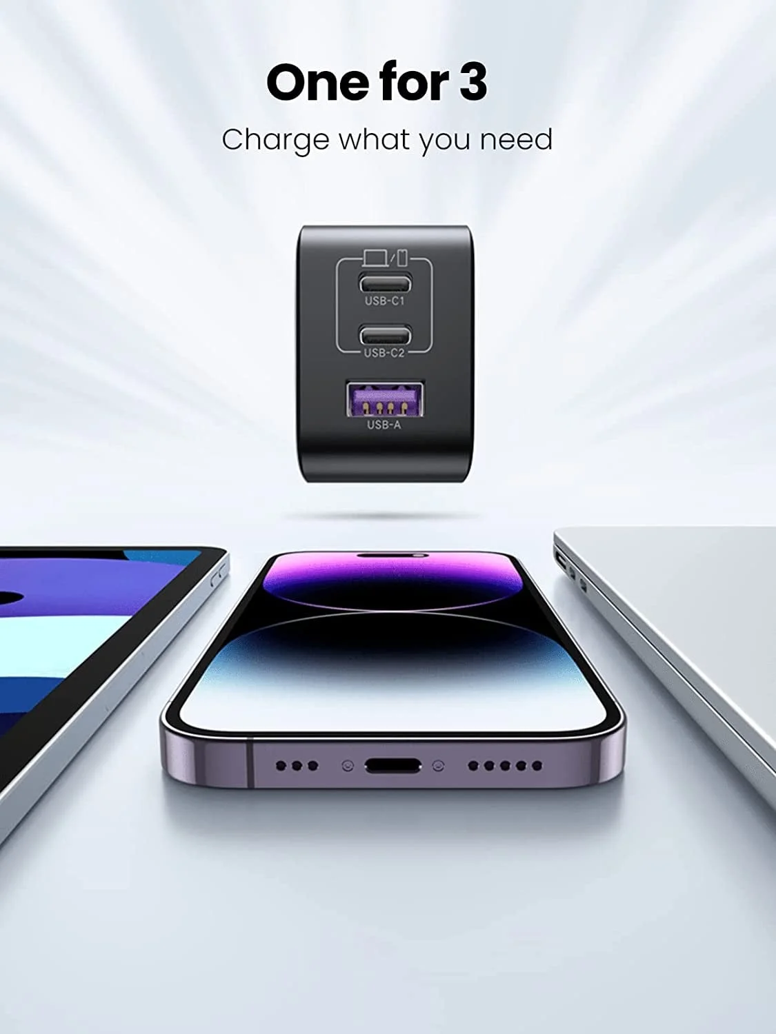 Củ sạc nhanh 65W GaN 3 cổng USB Type-C x2 USB Type-A x1 Hỗ trợ QC4+, PD3.0. Ugreen 10334 cao cấp