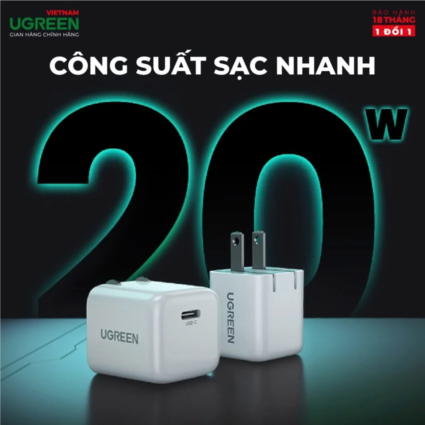 Củ sạc nhanh PD20W UGREEN CD249 Cổng sạc Type-C Chân dẹt 30313