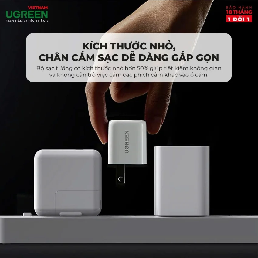 Củ sạc nhanh PD20W UGREEN CD249 Cổng sạc Type-C Chân dẹt 30313