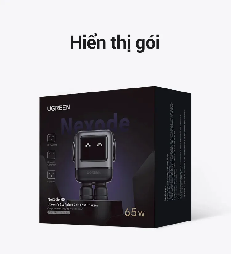 Củ sạc nhanh Robot Nexode RG 65W 3 cổng Type C x2, Type A x1 (CD361) Ugreen 15570