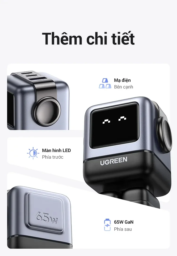 Củ sạc nhanh Robot Nexode RG 65W 3 cổng Type C x2, Type A x1 (CD361) Ugreen 15570