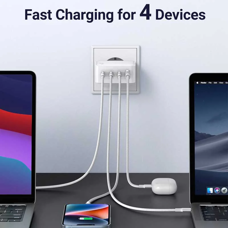 Củ sạc nhanh type C UGREEN CD226 GaN 100W chân dẹt 100W, 3USB-C, 1USB-A sạc nhanh đồng thời 4 cổng (15336)