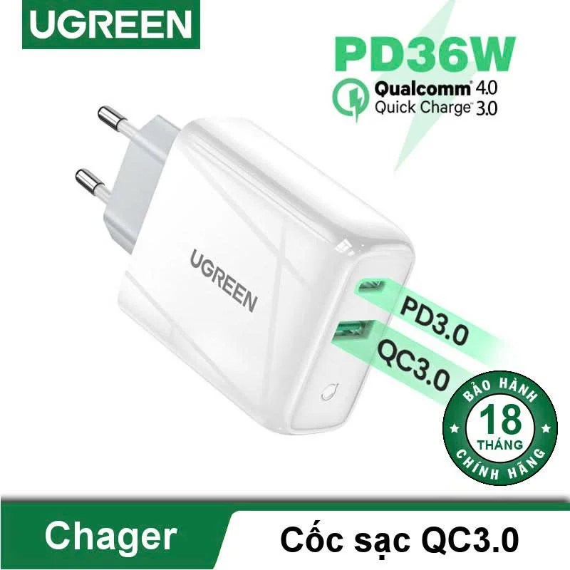 Củ sạc nhanh Ugreen 2 cổng 36W – Sạc nhanh đồng thời 2 thiết bị
