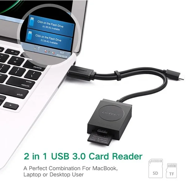 Đầu đọc thẻ USB 3.0 đa năng SD, TF có OTG dài 15cm Ugreen (20203)