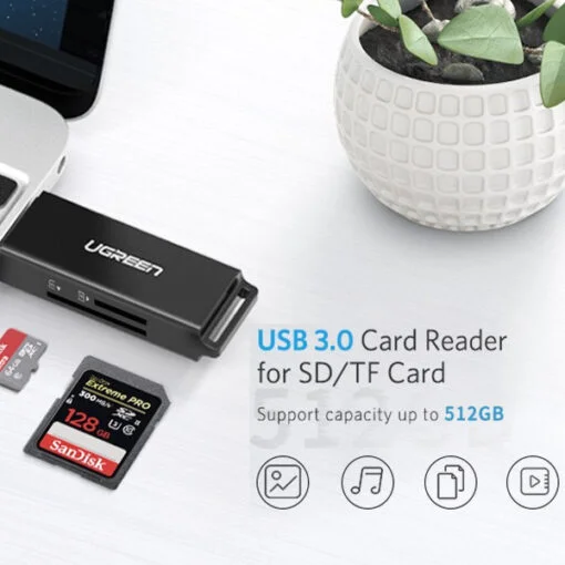 Đầu đọc thẻ USB 3.0 hỗ trợ thẻ TF và DS màu đen Ugreen (40752)