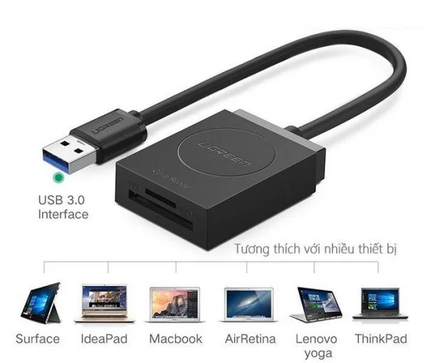 Đầu đọc thẻ USB 3.0 hỗ trợ thẻ TF và SD dài 15cm Ugreen (20250)