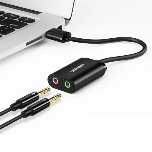 Dây chuyển đổi có chipset USB 2.0 sang AV 3.5mm màu đen dài 15cm Ugreen (30724)