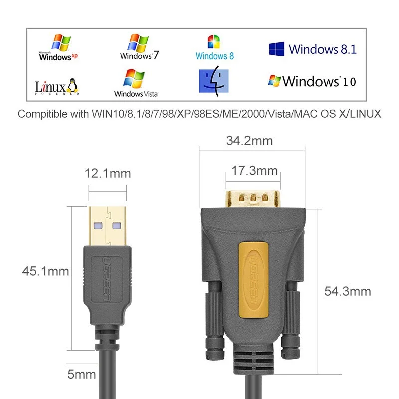 Dây chuyển đổi có chipset USB sang cổng COM RS-232 dài 2M Ugreen (20222)
