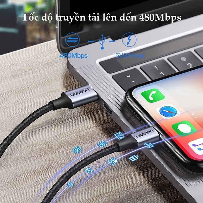 Cáp sạc nhanh iPhone UGREEN US304 60759 1M Sạc nhanh PD100W, đạt chuẩn Mfi