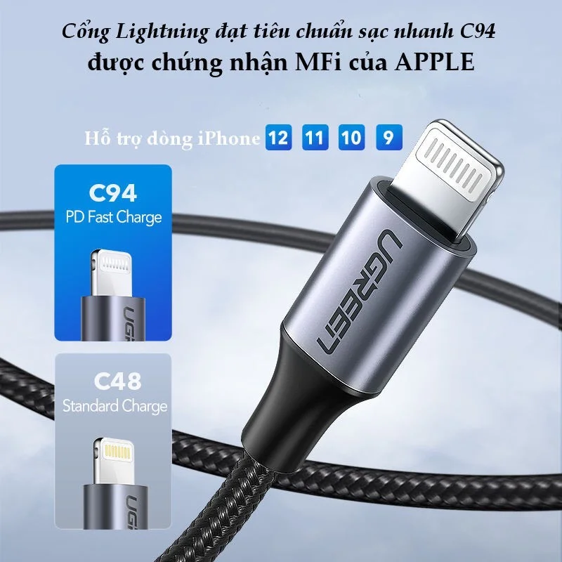 Cáp sạc nhanh iPhone UGREEN US304 60759 1M Sạc nhanh PD100W, đạt chuẩn Mfi