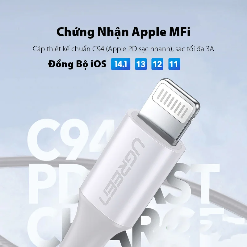 Dây chuyển đổi USB-C sang Lightning có chip MFi, dài 1M màu bạc Ugreen US304 (70523)