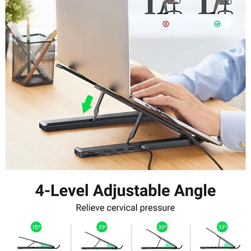 Giá đỡ laptop UGREEN 80551 tích hợp HUB chia cổng HDMI 4K, thẻ SD/TF, USB3.0, USB-C